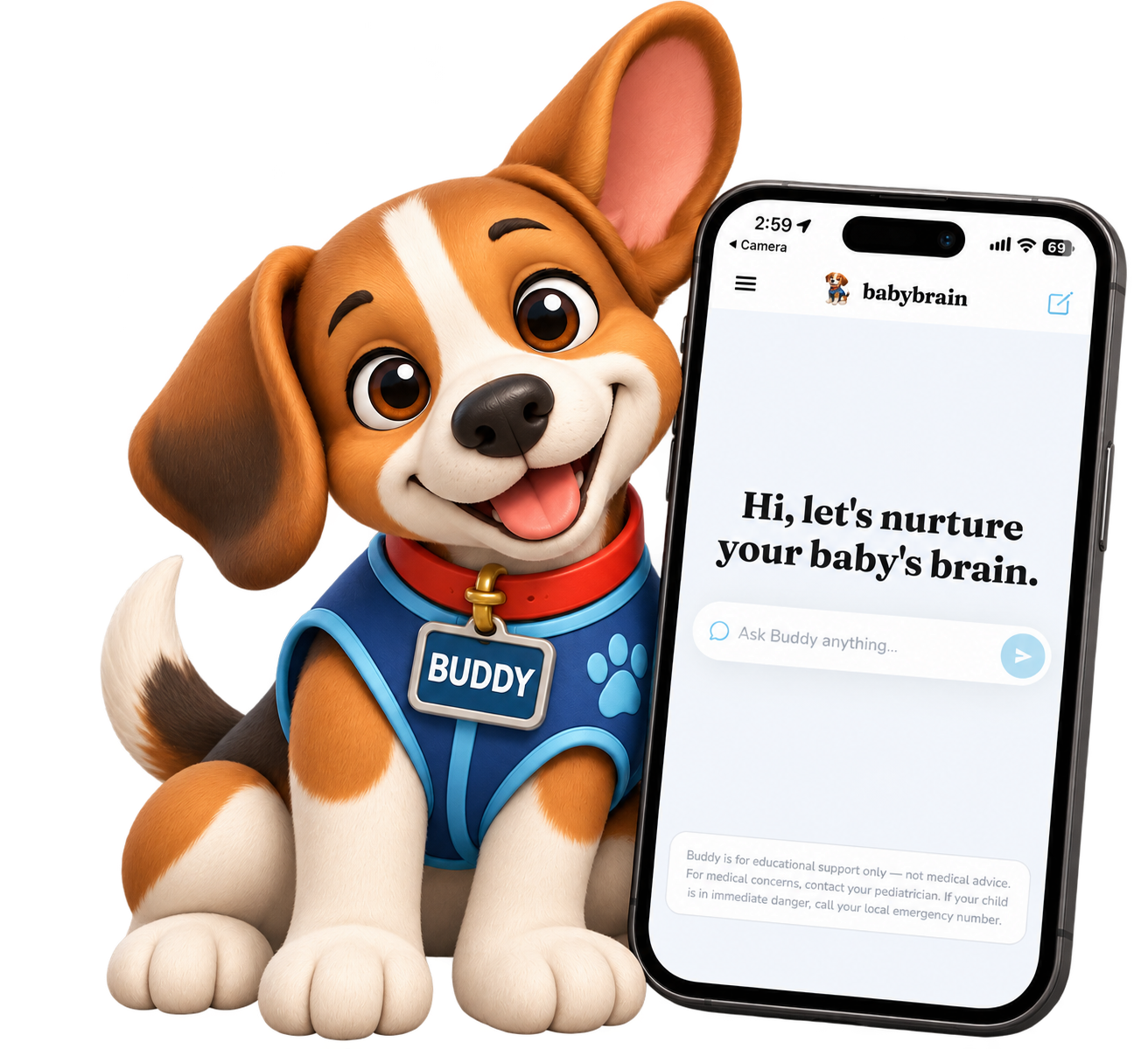 Buddy presenting the babybrain.ai app