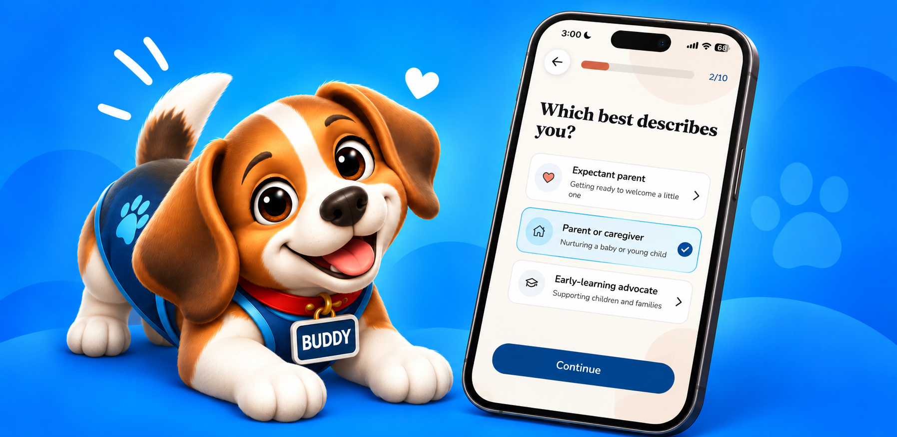 Buddy beside the babybrain.ai welcome screen