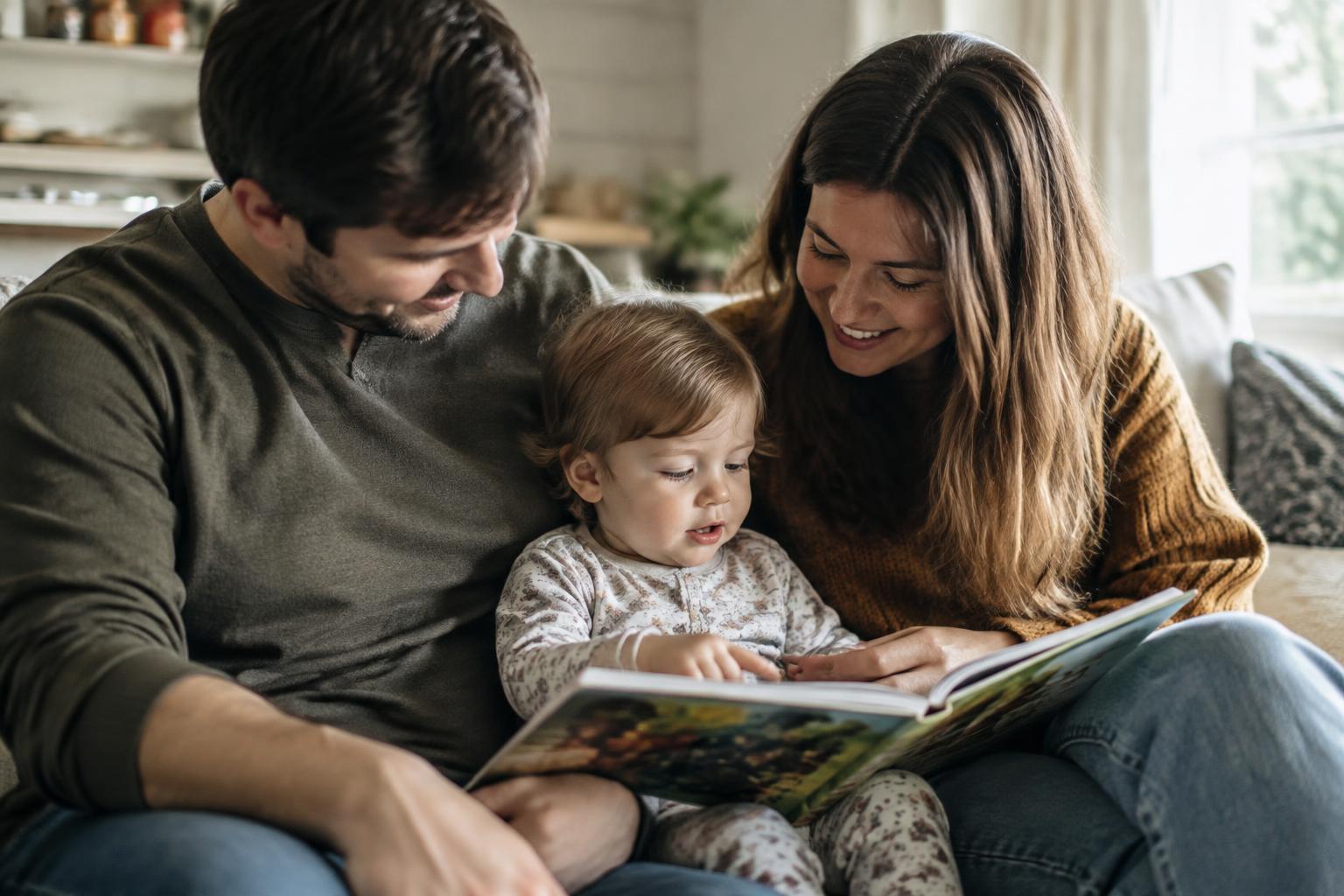 Parents sharing a picture book with their young child at home.